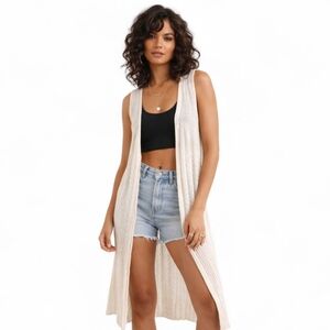 Ashley Stewart White Open Knit Duster Vest 14/16 Boho Longline